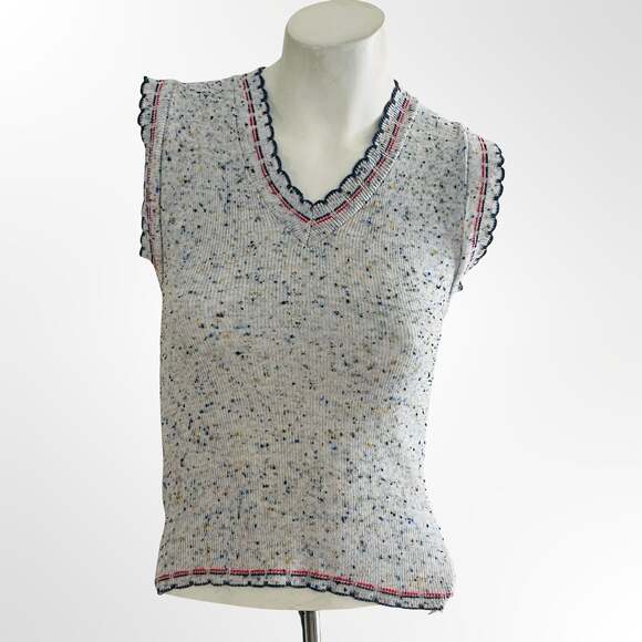 Vintage Sweaters - Vintage 70s Gray Heathered Rainbow Speckle Knit Vest Top With Plaid Stripe